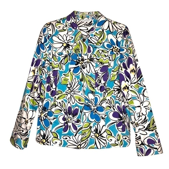LAURA ASHLEY - Blue, Green, Purple & White Button Up Floral Jacket - Size Large - Picture 1 of 4
